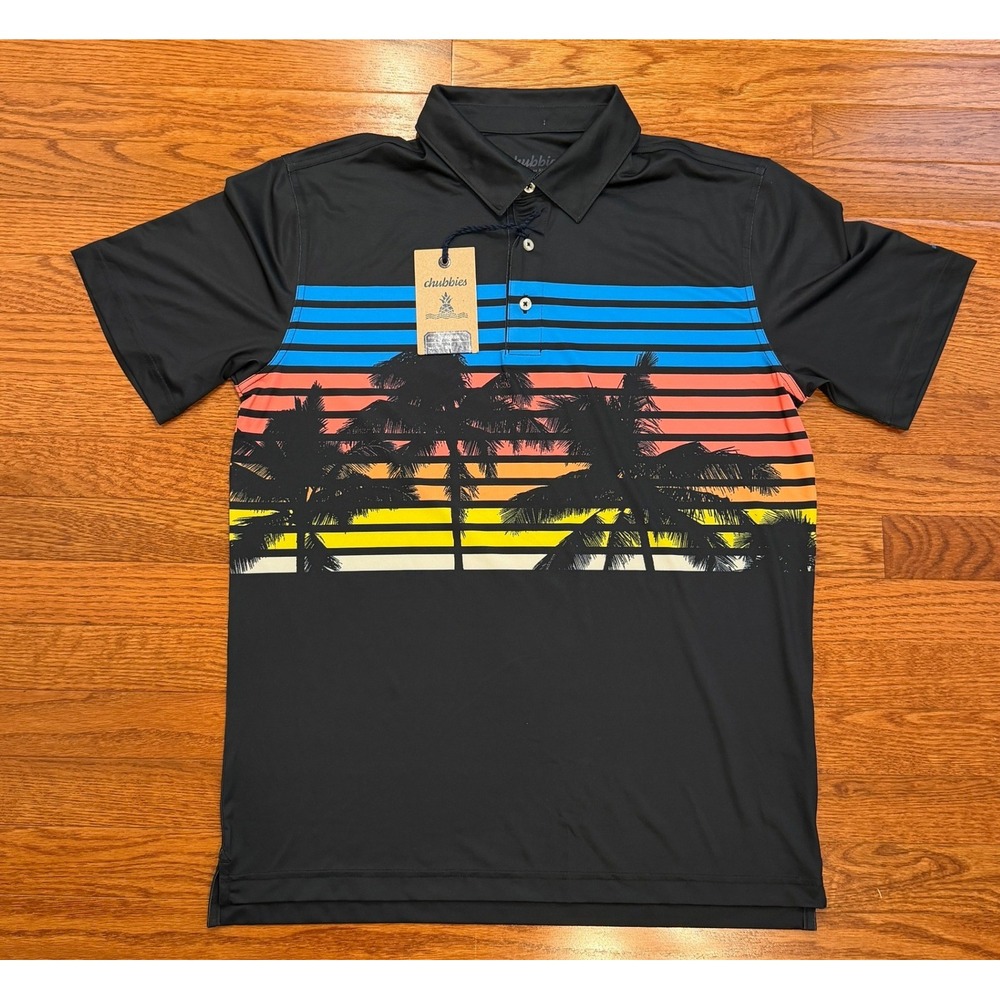 New Chubbies Golf Polo Shirt Mens Medium Performance Black Tropical Sunset